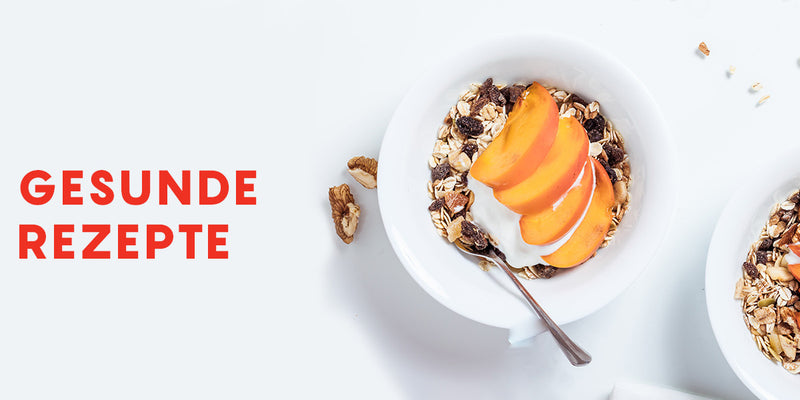 Bowl of granola with peaches and yogurt on a white background, featuring the text 'GESUNDE REZEPTE' in red.