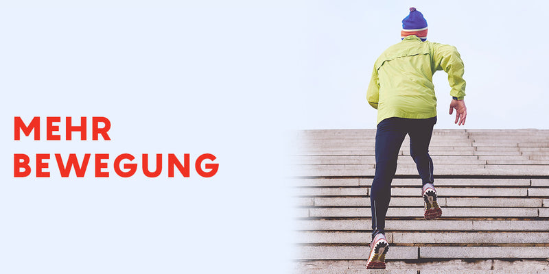 Person in athletic wear climbing stairs with 'Mehr Bewegung' text on a light gray background