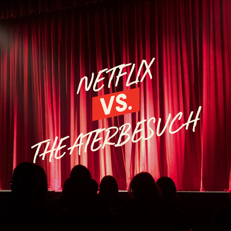 Red curtain with 'Netflix vs. Theaterbesuch' text, silhouettes of audience members.
