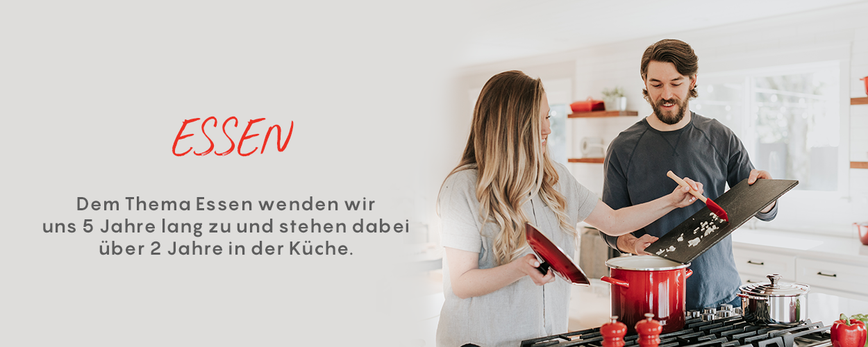 Two people in a kitchen with cooking pots and text about food theme and kitchen experience.