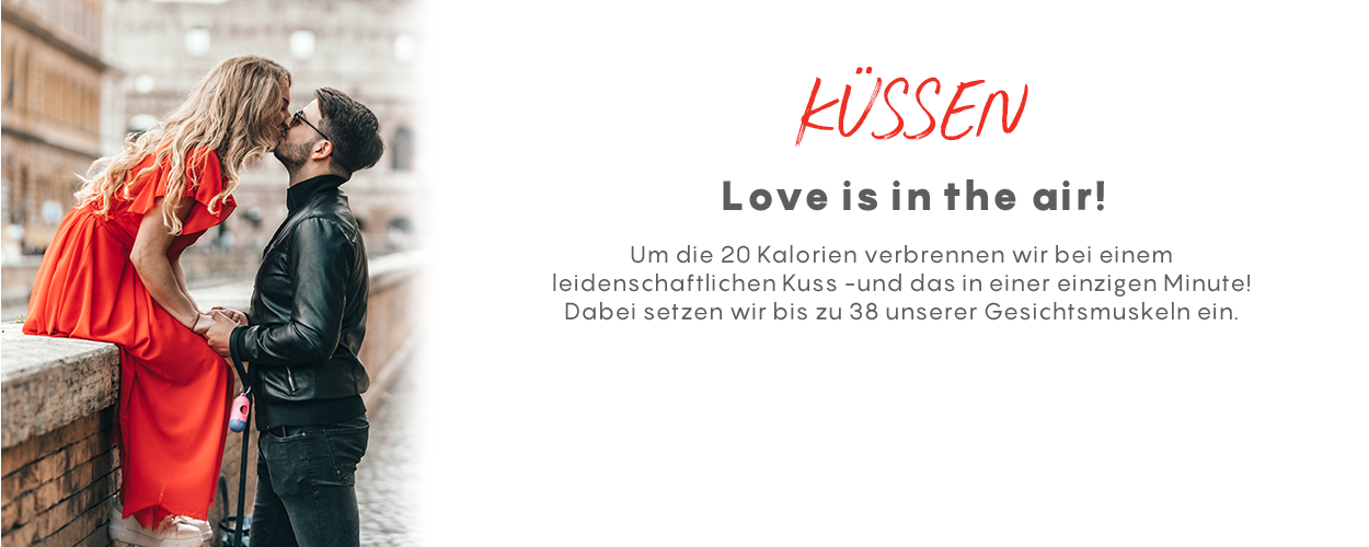 Couple embracing with text 'KüÖsen Love is in the air!' in a romantic setting.