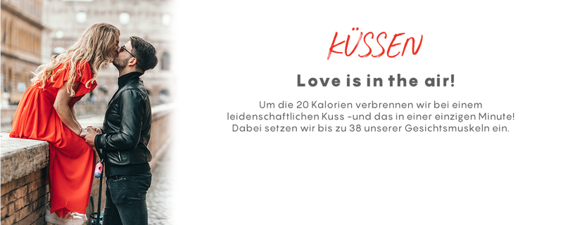 Couple embracing with text 'KüÖsen Love is in the air!' in a romantic setting.